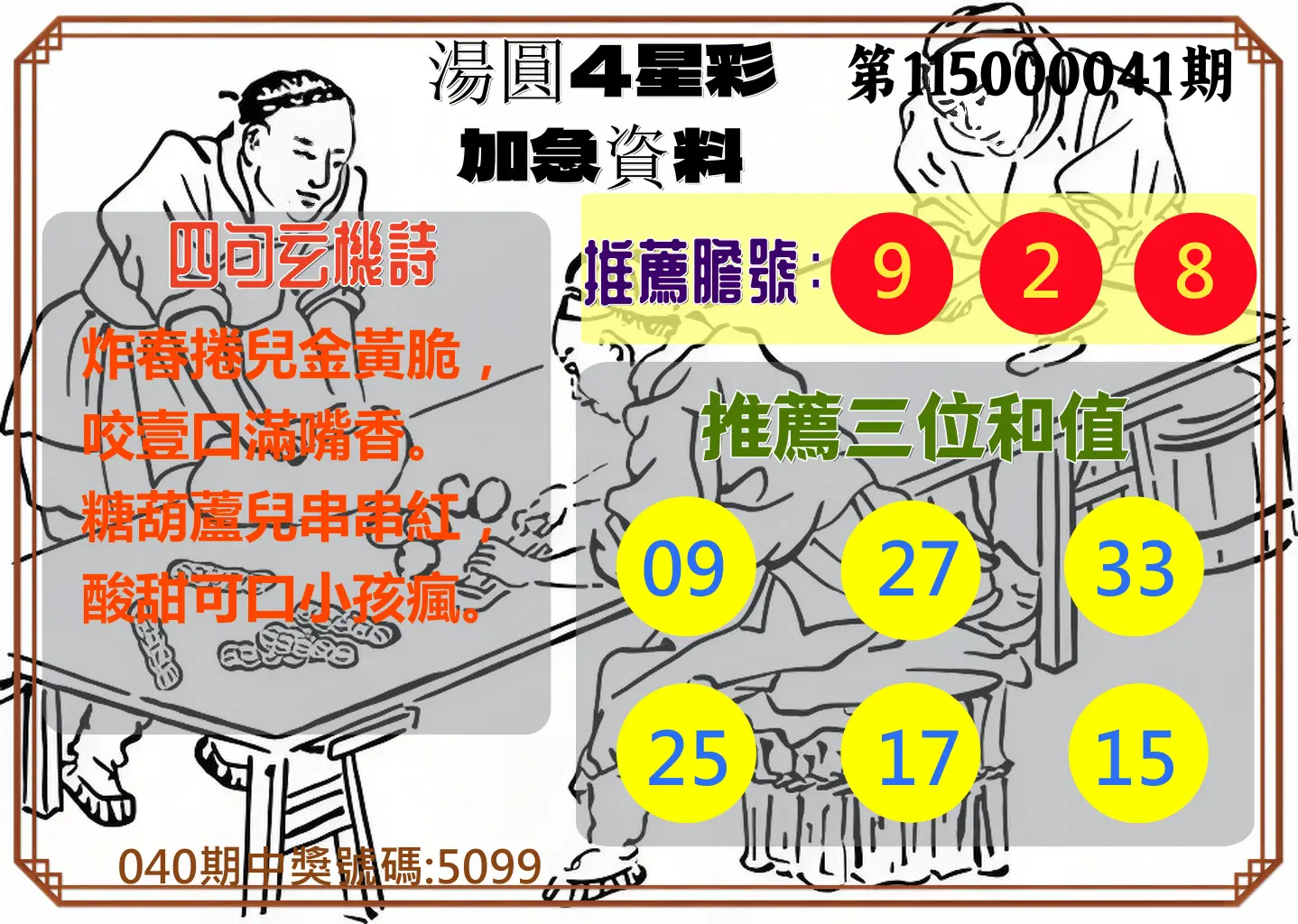 4星彩第115000041期(02/16)湯圓4星彩加急資料