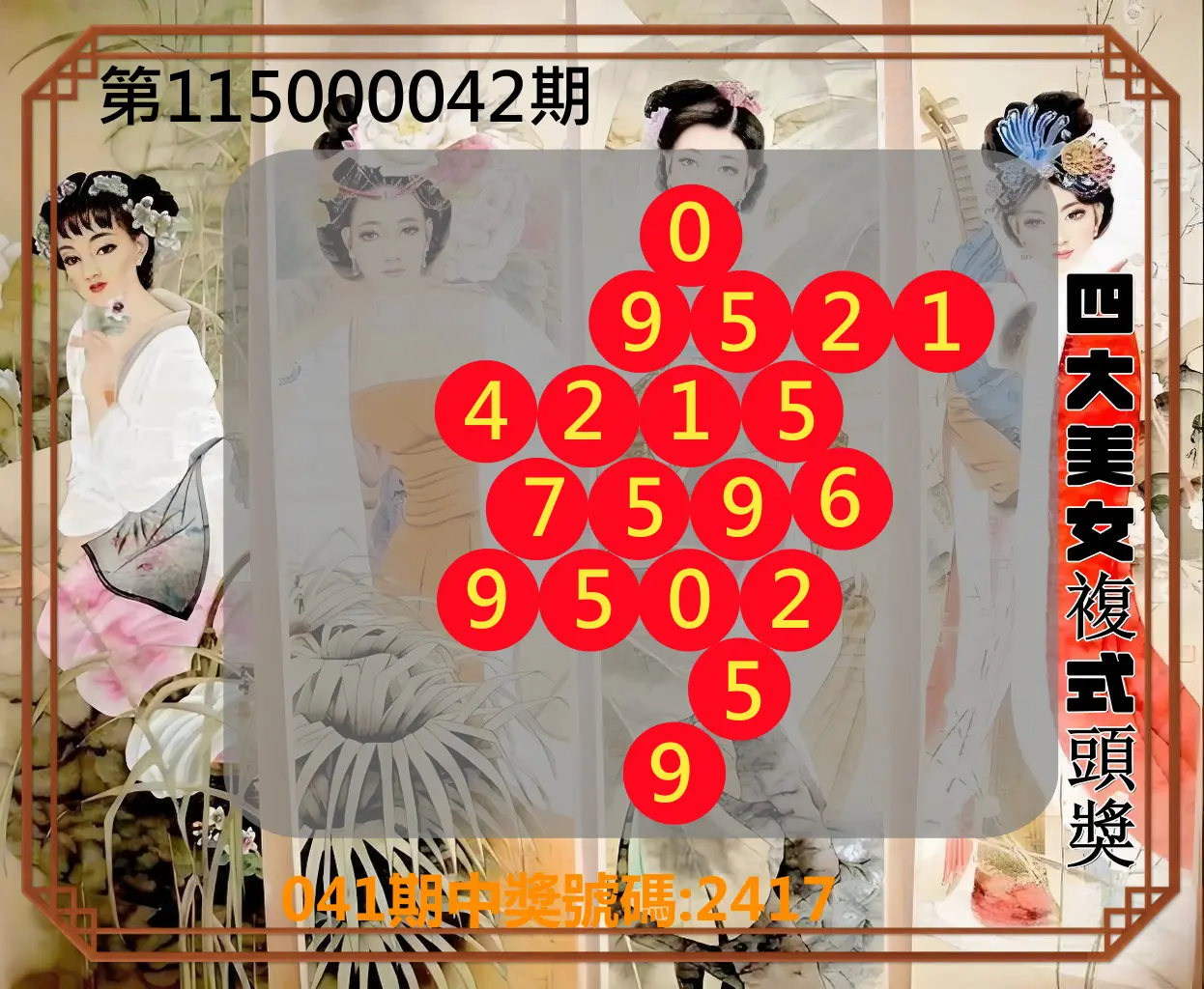 4星彩第115000042期(02/17)四大美女複式頭獎