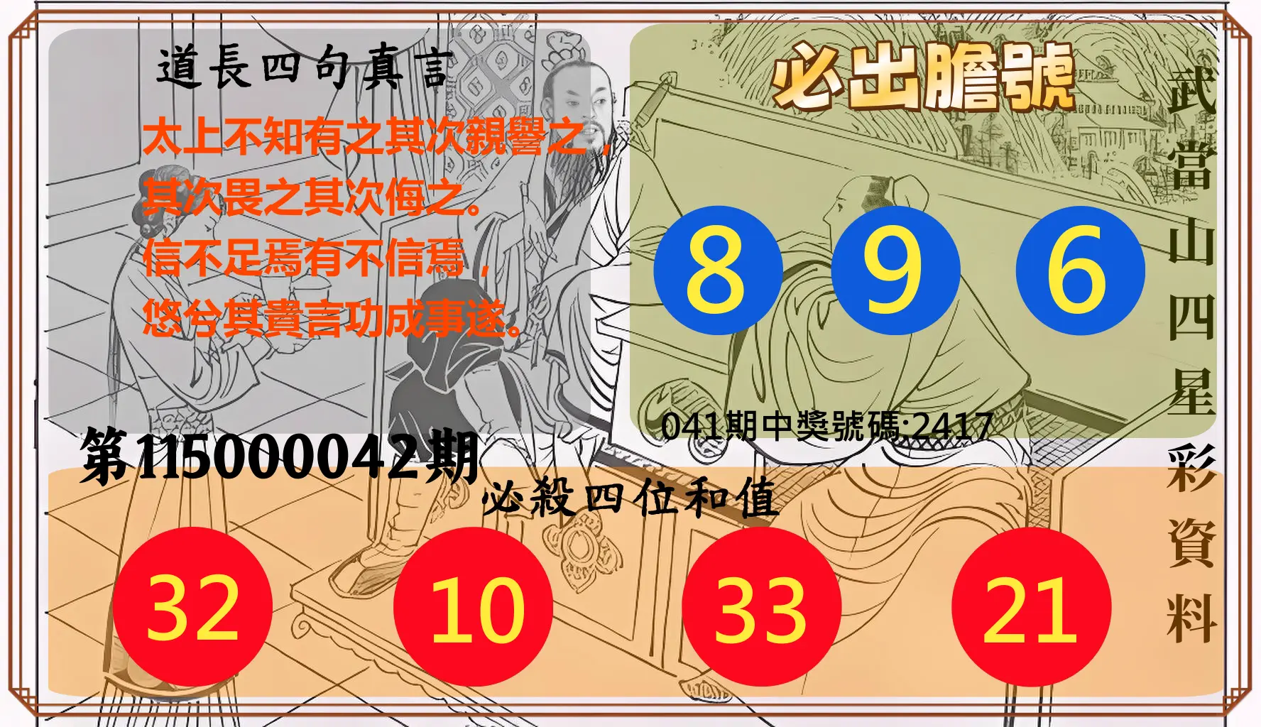 4星彩第115000042期(02/17)武當山四星彩資料