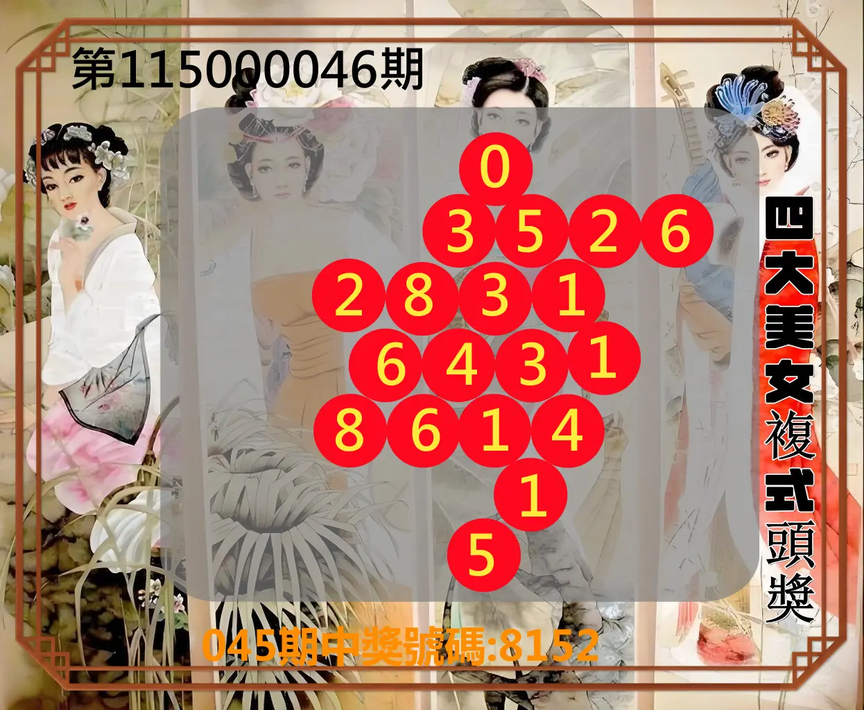 4星彩第115000046期(02/21)四大美女複式頭獎