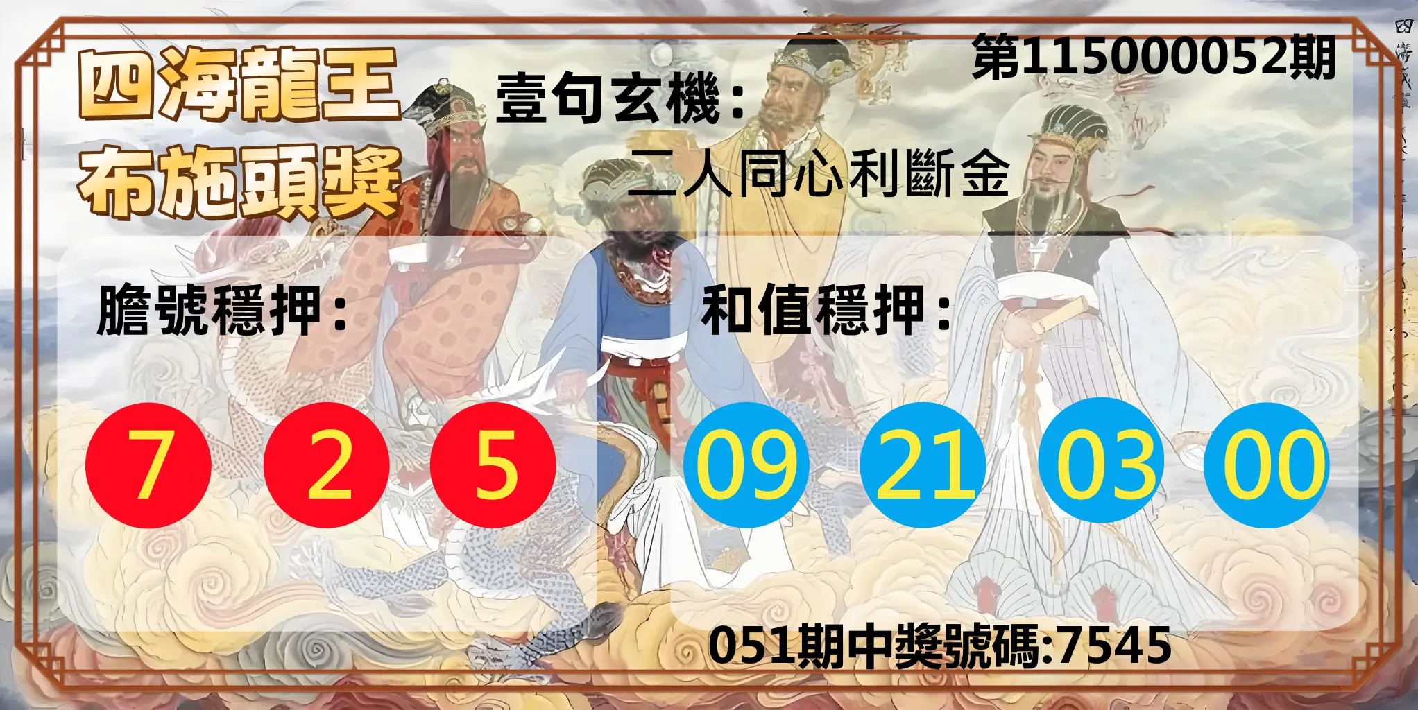 4星彩第115000052期(02/27)四海龍王布施頭獎