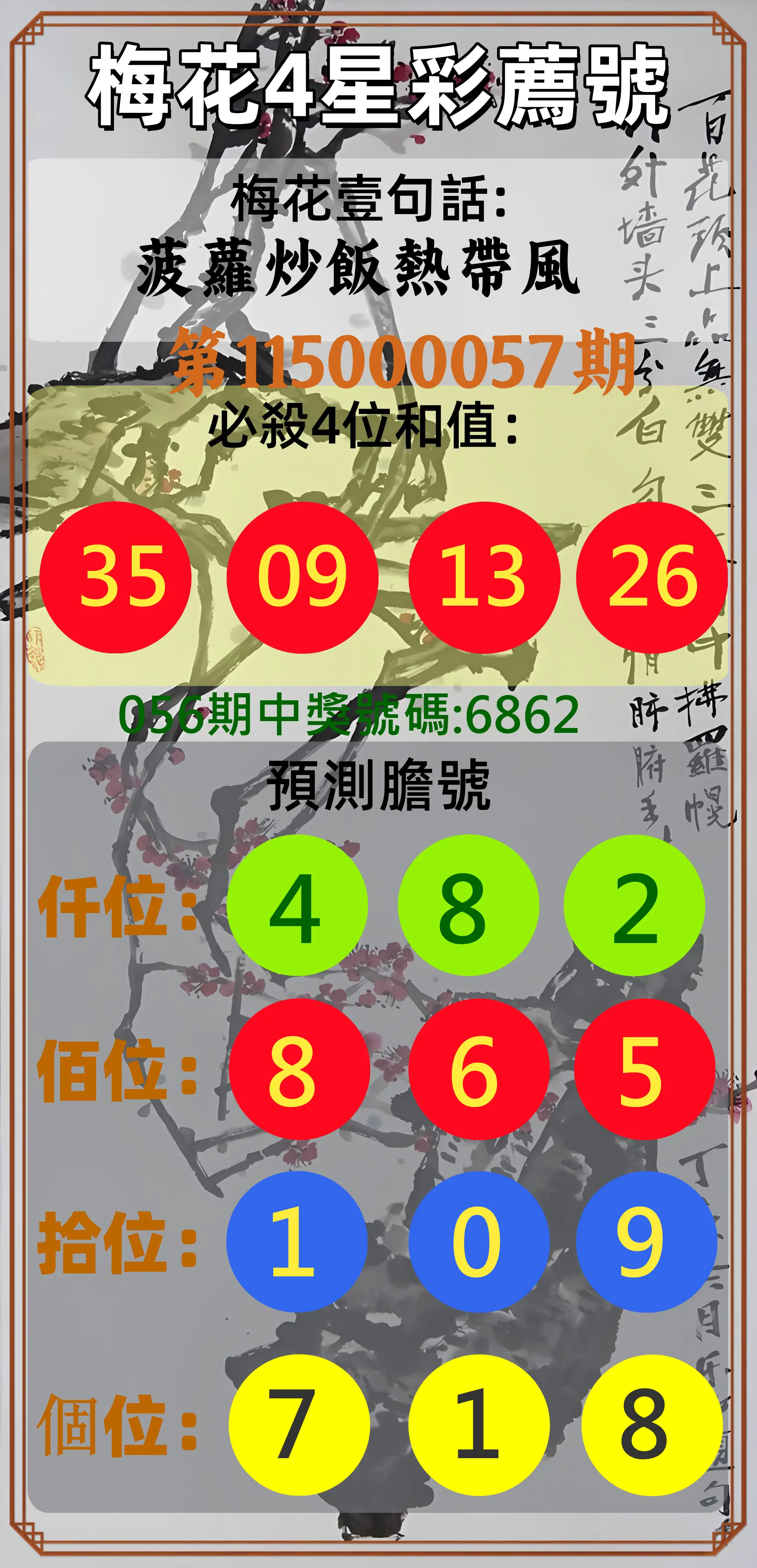 4星彩第115000057期(03/04)梅花4星彩薦號