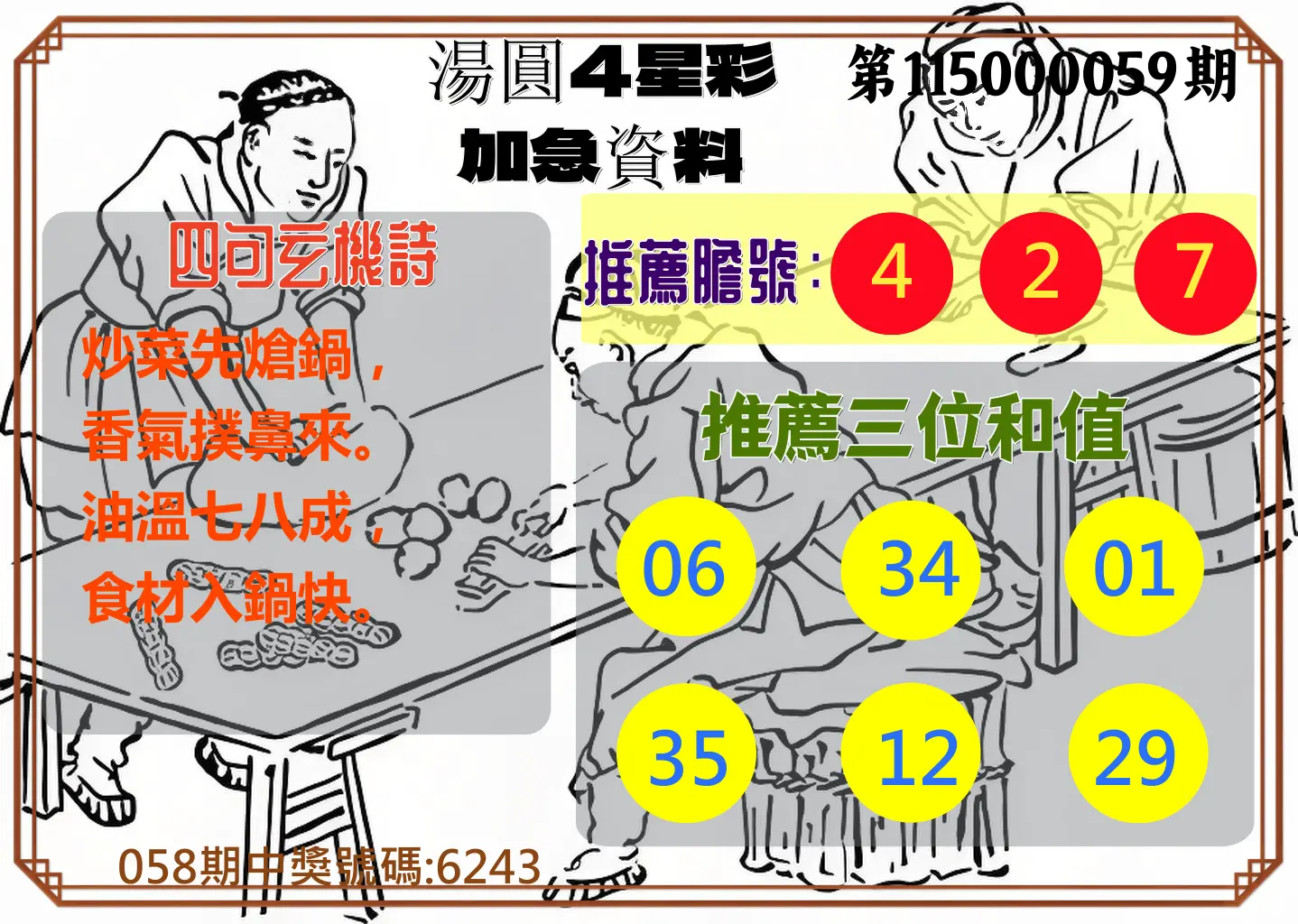 4星彩第115000059期(03/06)湯圓4星彩加急資料
