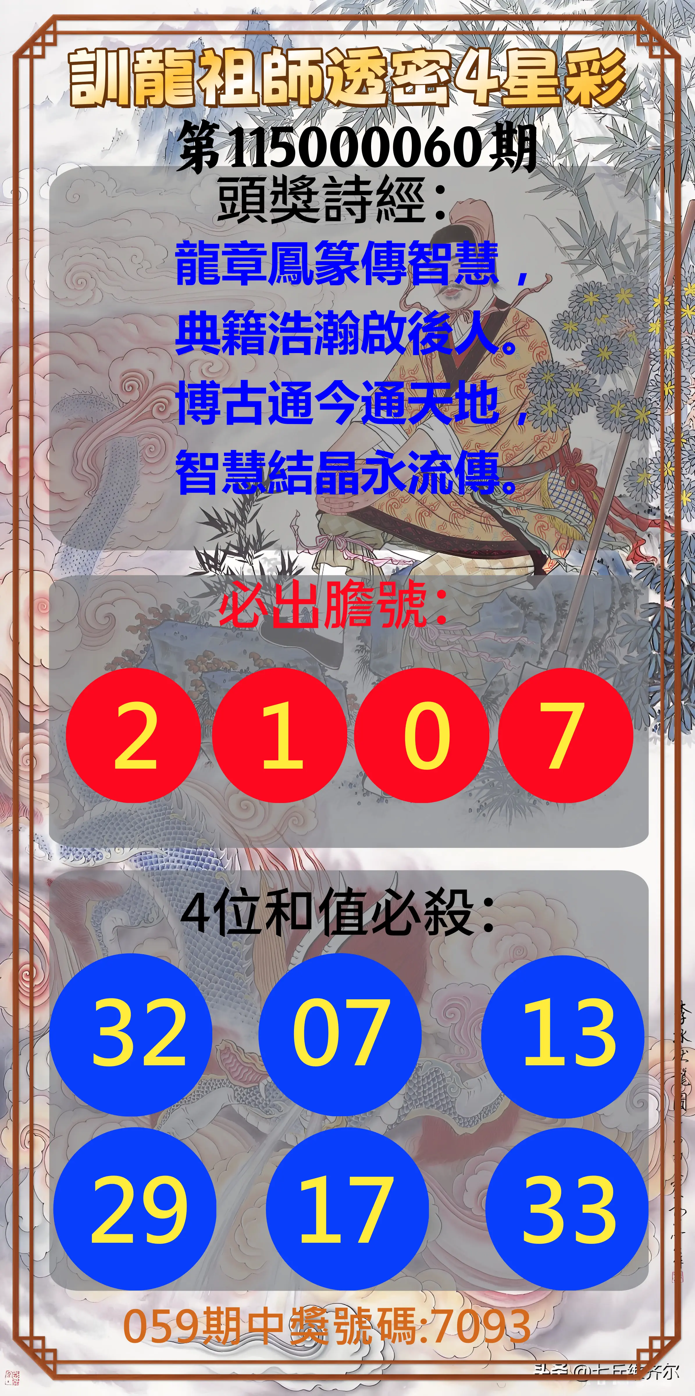4星彩第115000060期(03/07)訓龍祖師透密4星彩