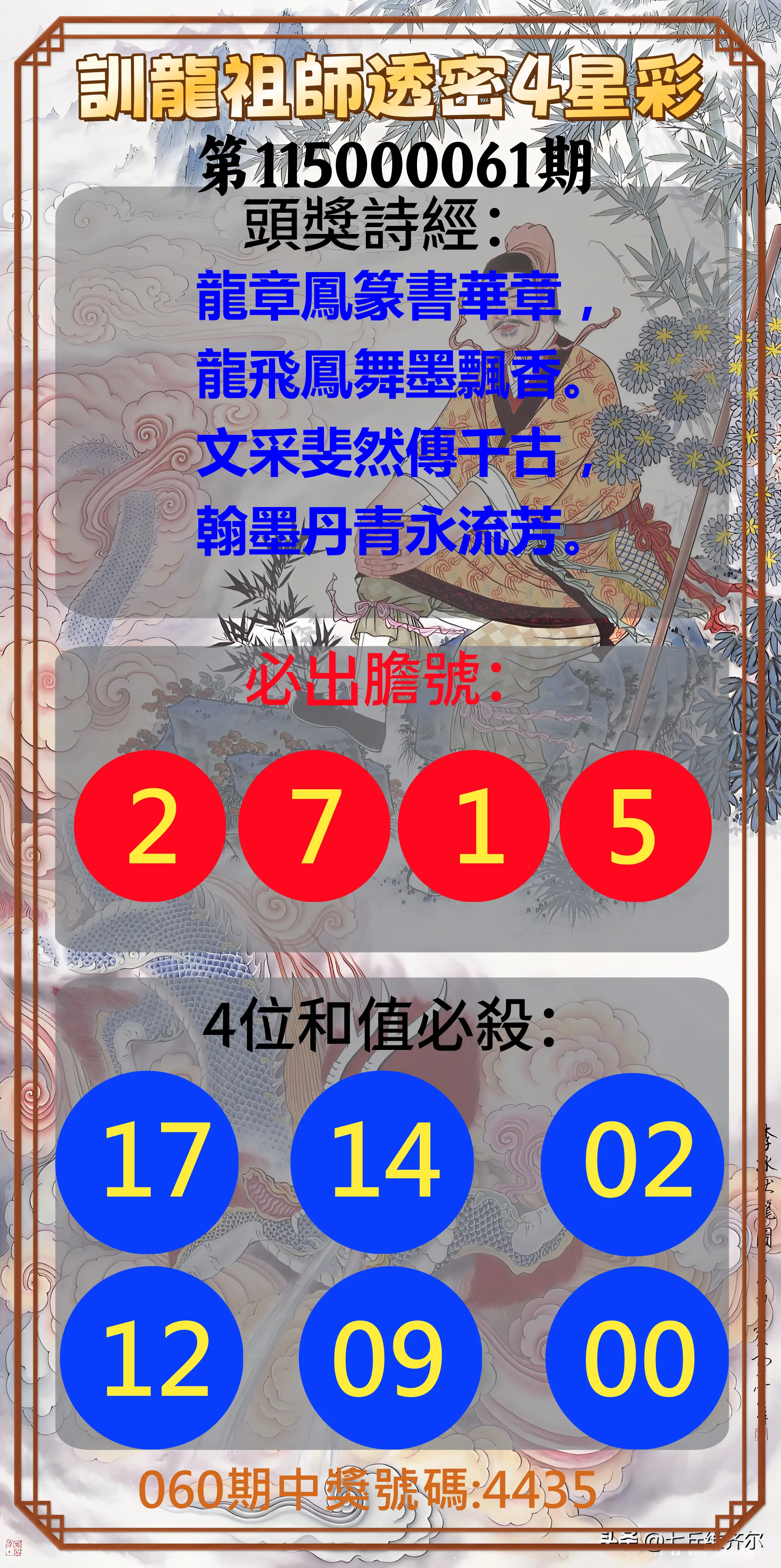 4星彩第115000061期(03/09)訓龍祖師透密4星彩