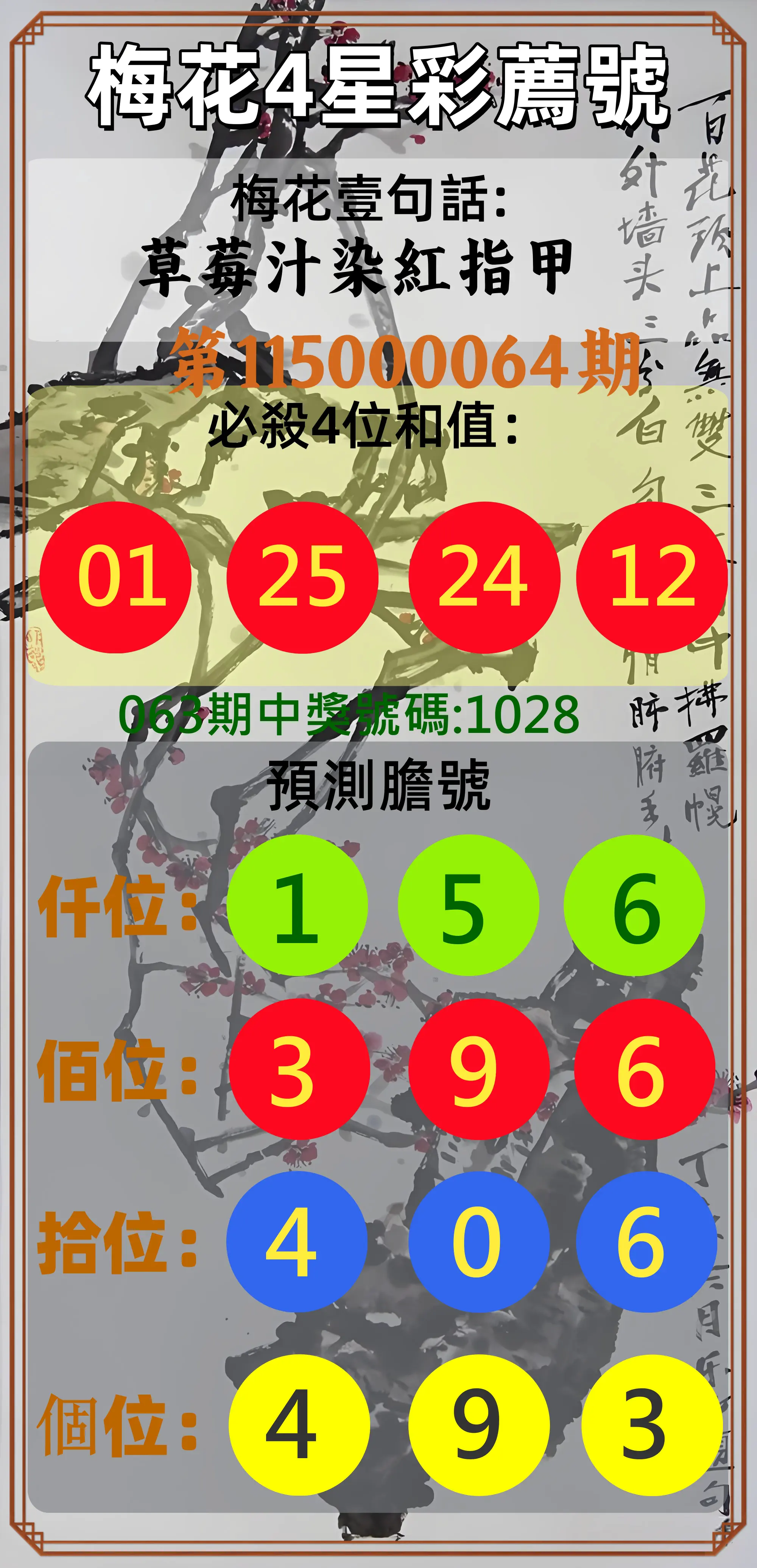 4星彩第115000064期(03/12)梅花4星彩薦號