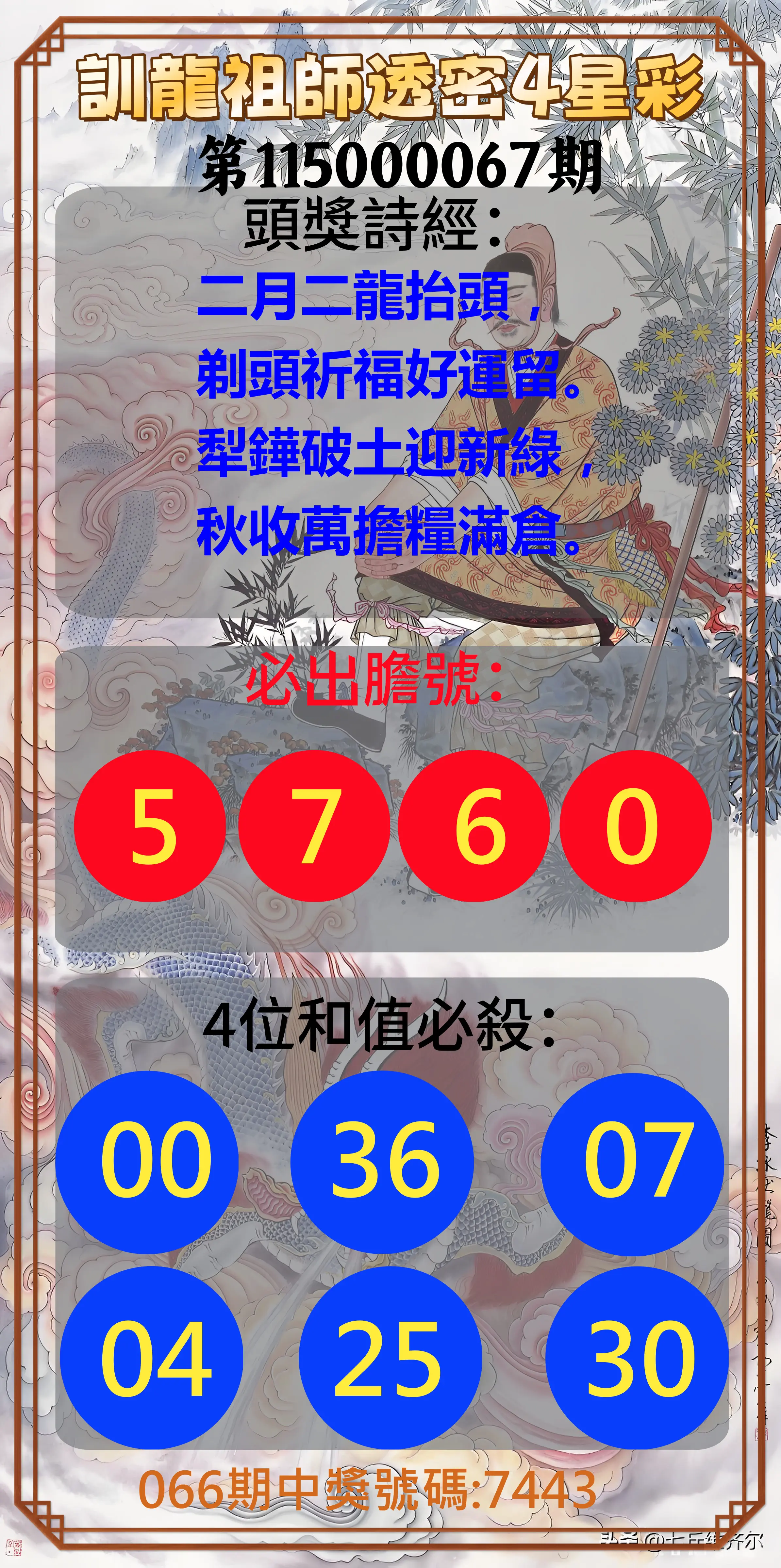 4星彩第115000067期(03/16)訓龍祖師透密4星彩