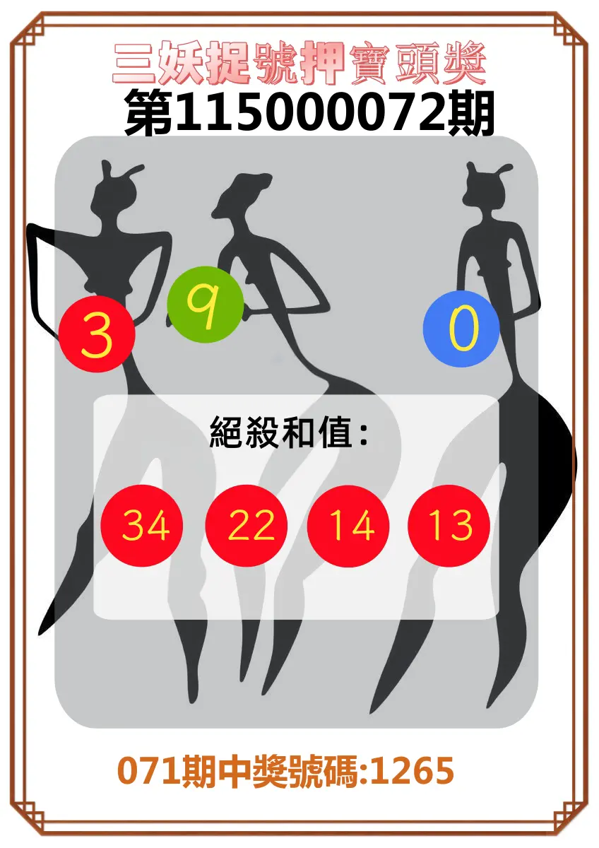 4星彩第115000072期(03/21)三妖捉號押寶頭獎