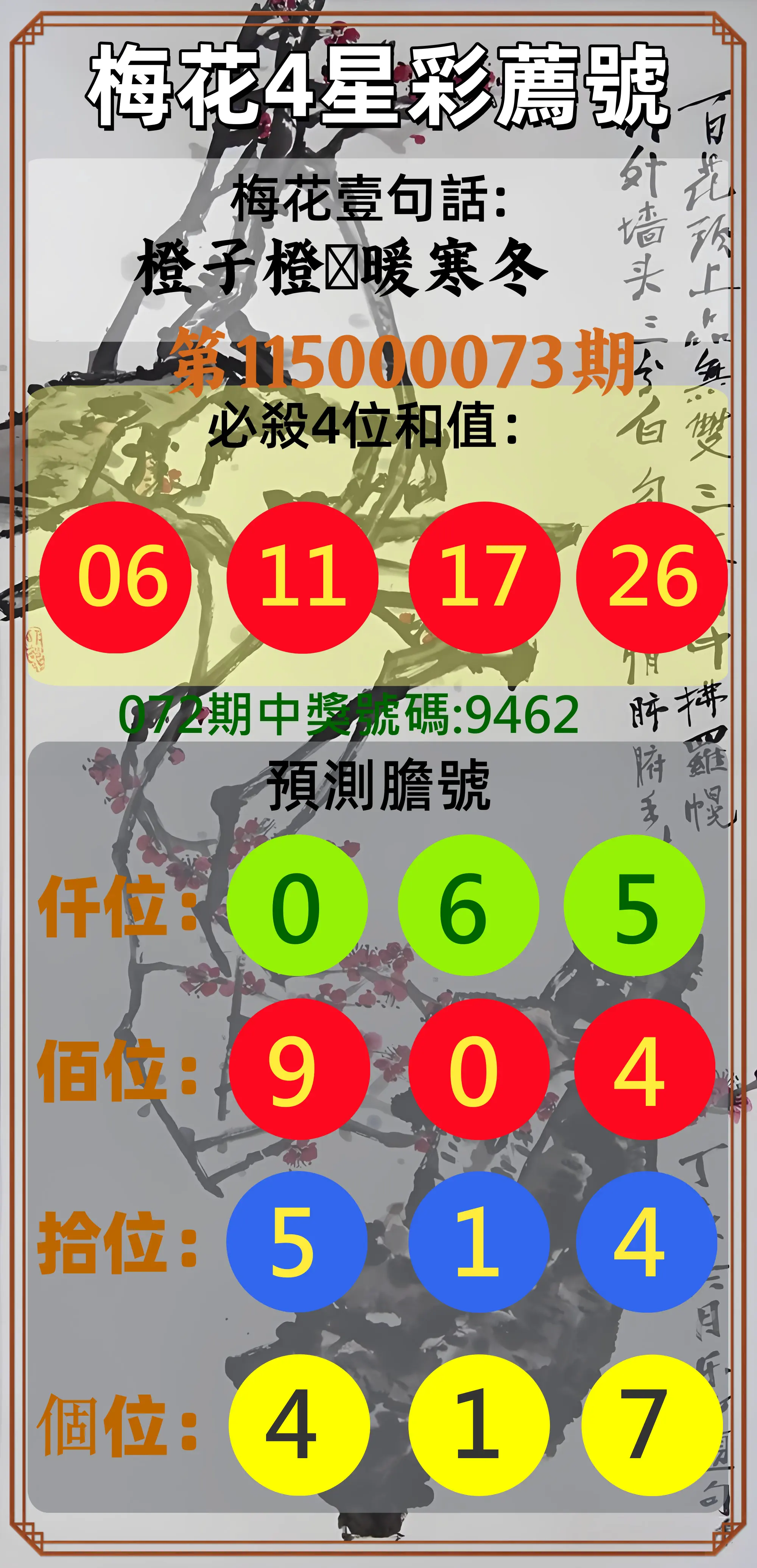 4星彩第115000073期(03/23)梅花4星彩薦號
