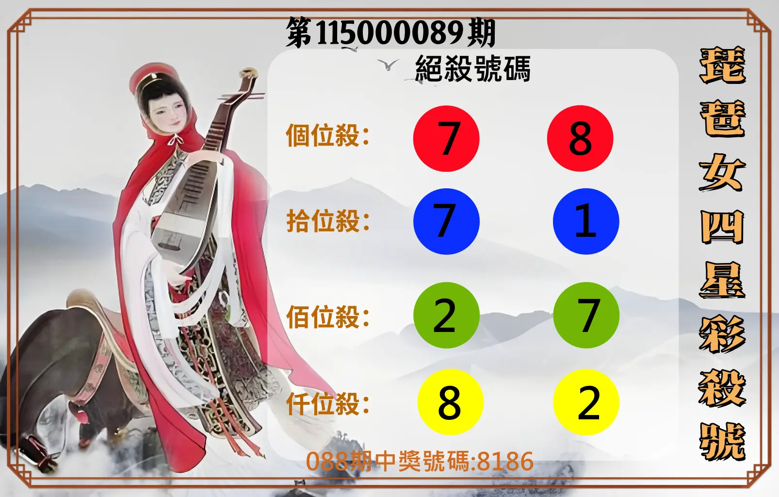 4星彩第115000089期(04/10)琵琶女四星彩殺號