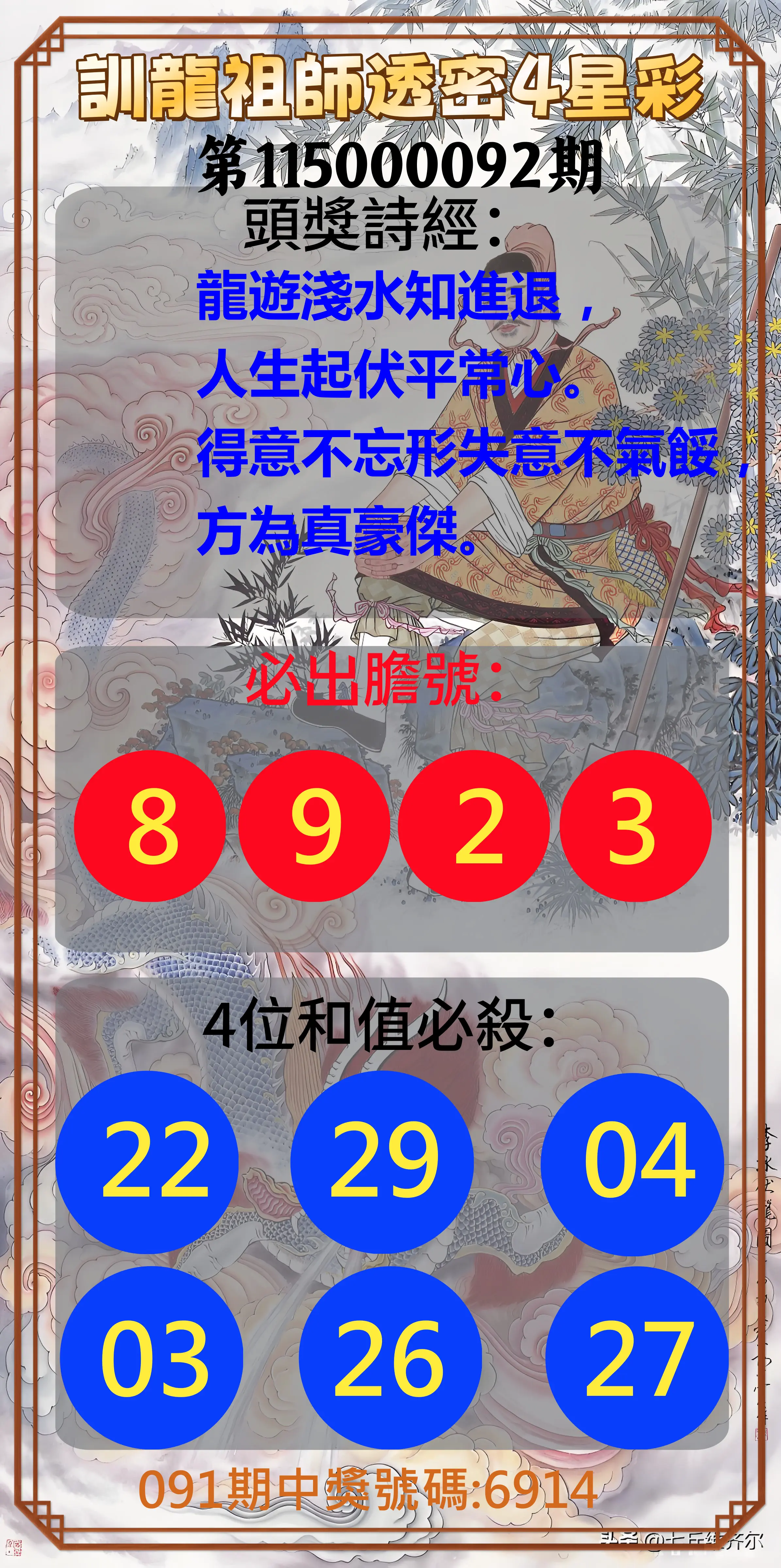 4星彩第115000092期(04/14)訓龍祖師透密4星彩