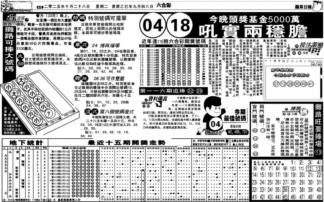 六合彩116期老版苹果日报(黑白)