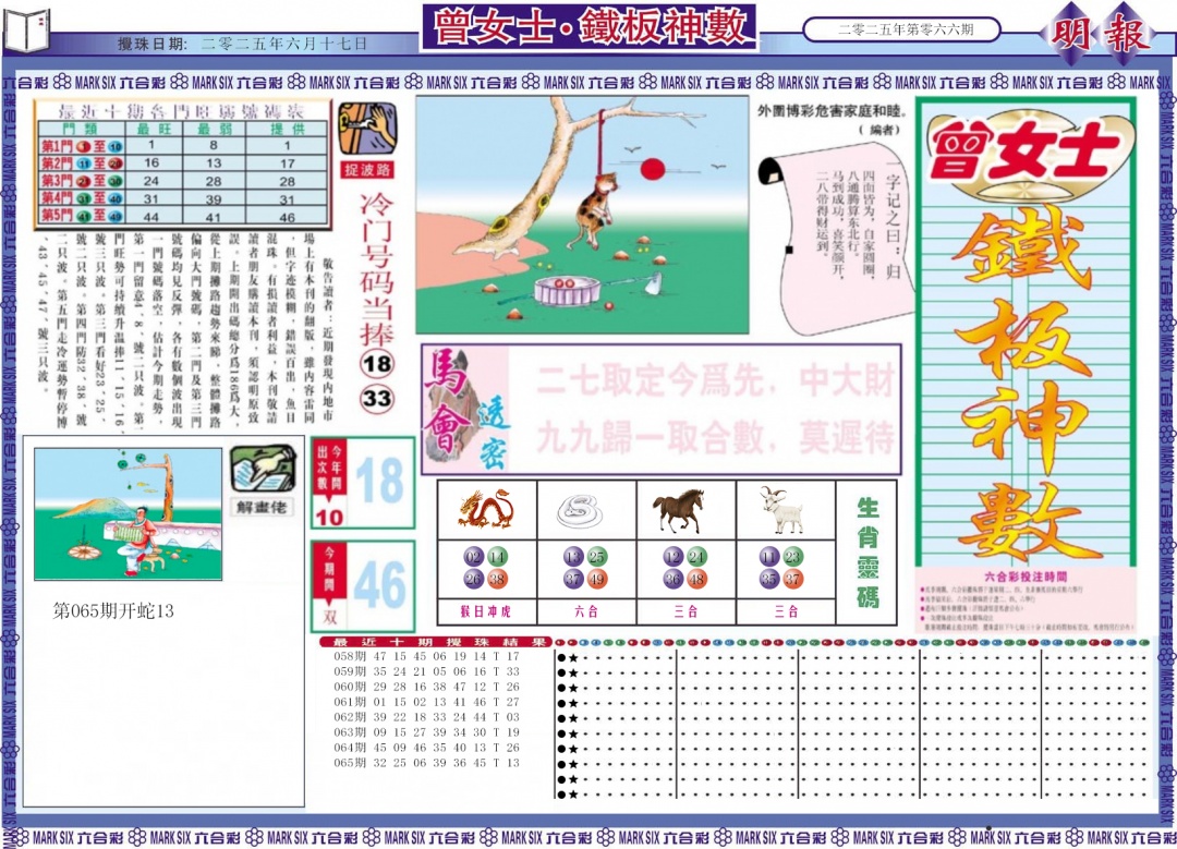 六合彩066期曾女士铁板神数A
